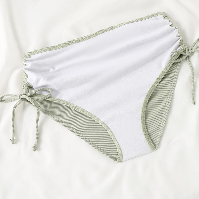 Women's Two Piece Swimsuit Black Double Strap Push Up Pleate Drawstring Side High Waist Bikini 2025 Beach Bathing Suit Swimwear