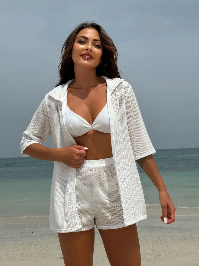 Summer 4 Piece Bikinis Sets Women Black White Mesh Half Sleeve Cover Up with High Waist Panties Swimsuit Bathing Suit Swimwear