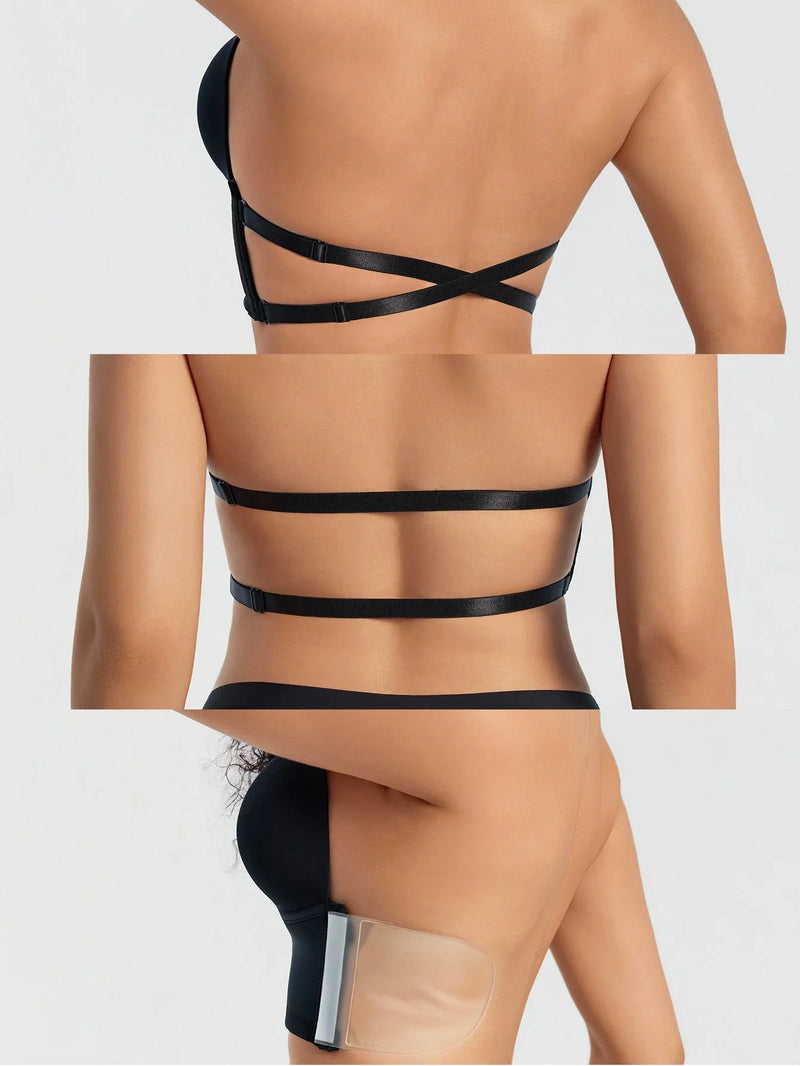 Invisible Women's Dress Bra Deep V Plunge Backless Adjustable Straps and Silicone Adhesive Patches Push-Up Strapless Bra Shapewear