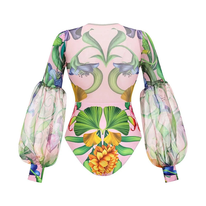 Vintage Green Floral Print Swimsuit Long Skirt Set Women Sexy Mesh Long Sleeve V Neck Tummy Control Holiday One Piece Swimsuit