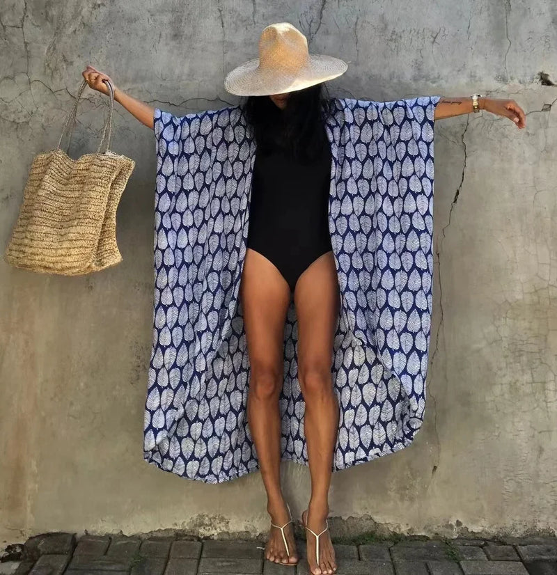 2024 New Summer Sexy Beach Kimono Swimwear Cotton Cover Up Swimsuit Women Print Bikini Cover Up Beachwear Dress Robe