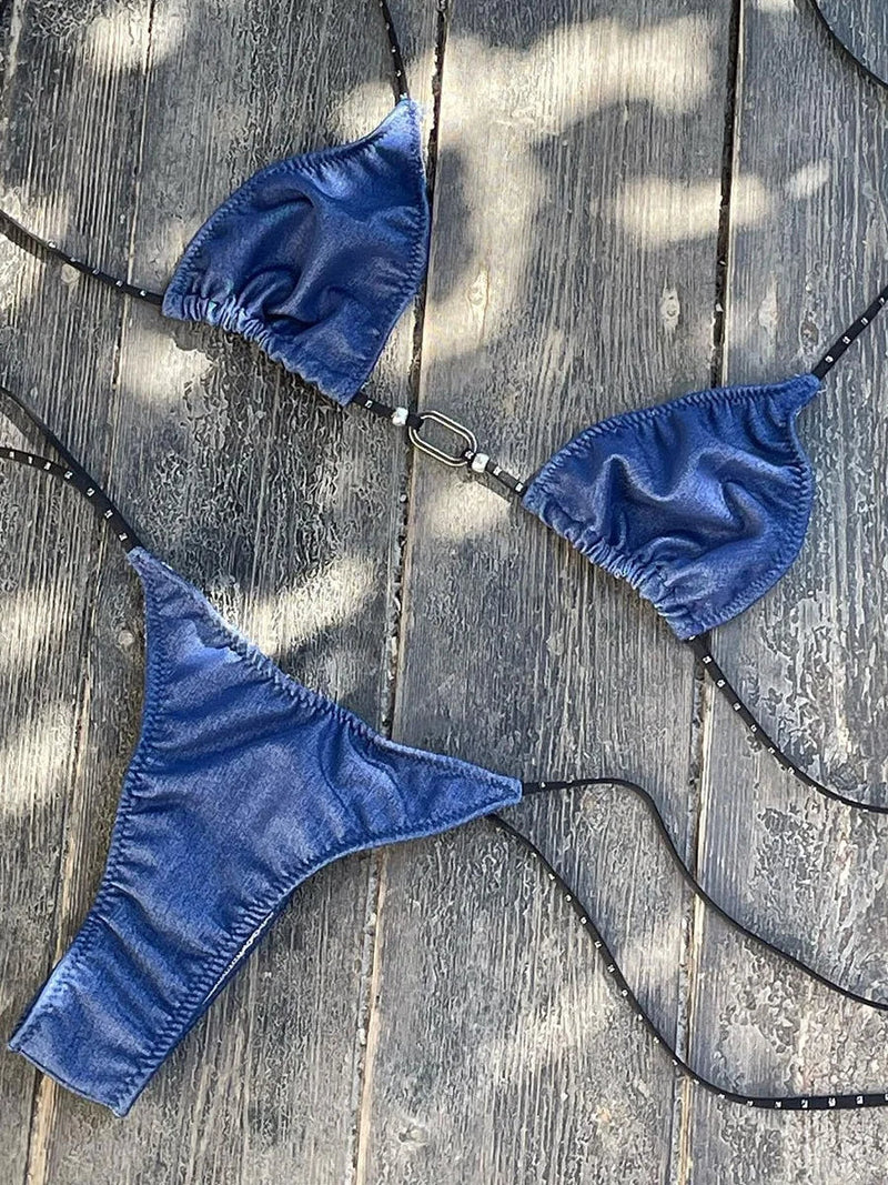 Sexy Triangle Bikini 2025 Women Blue Metal Chain Push Up Micro Swimsuit Summer Bathing Suit Tie Side Thong Swimwear Biquini