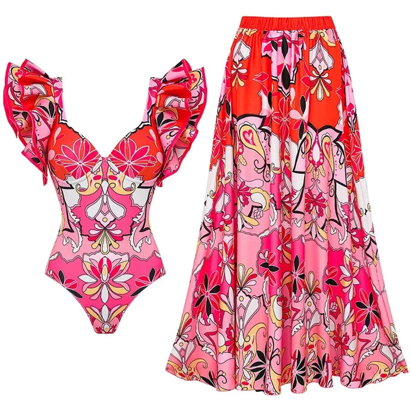 2-Piece Shoulder Ruffle Swimsuit With Cover Up Sexy Beachwear