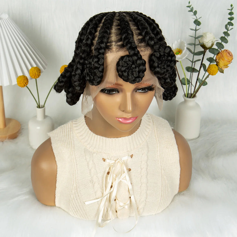 Short Bantu Knot Braided Wig | Full Lace | Synthetic Hair | Baby Hairs | Transparent Lace | Cute Braids Wig for Women