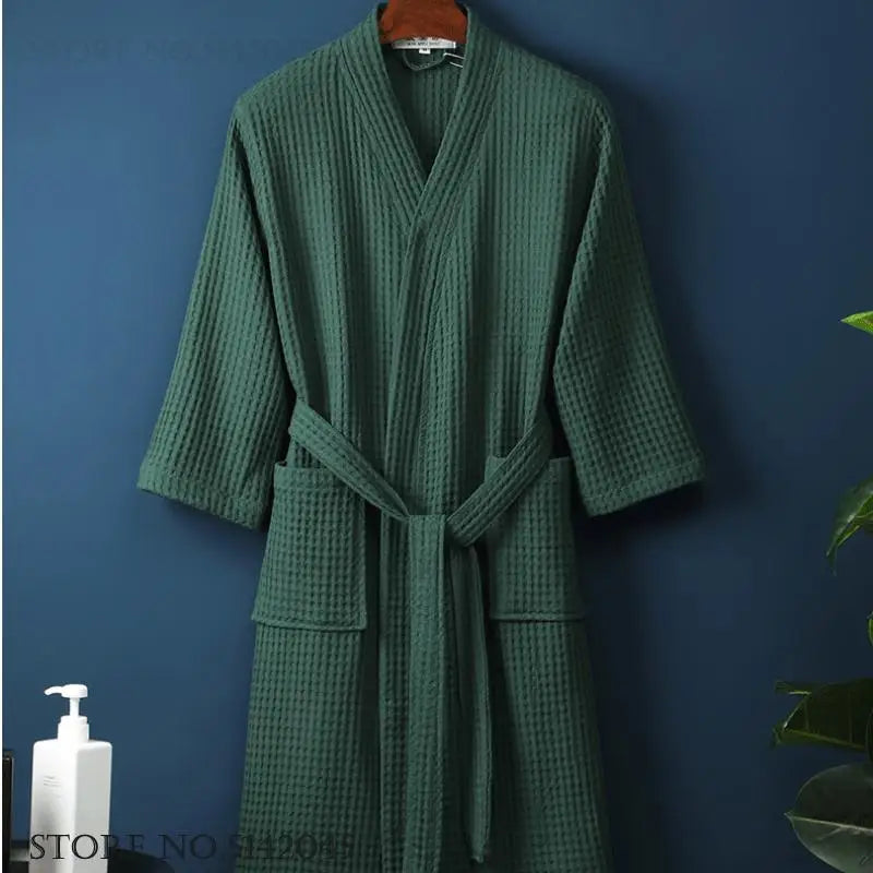 Adult Cotton Waffle Kimono Bathrobe Gown with Pocket Loungewear Sleepwear