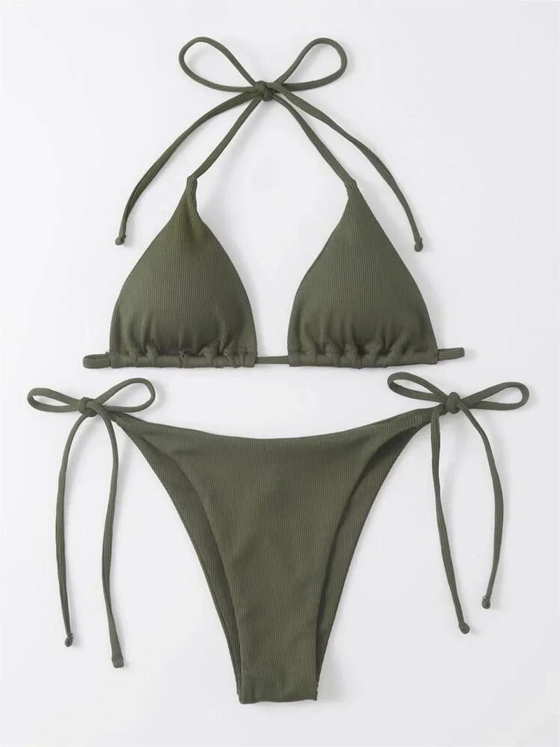 Sexy Brown Bikini 2026 Women Solid Red Halter Push Up Bra Tie Side Triangle Swimsuit Summer Bathing Suit Lace Up Micro Swimwear