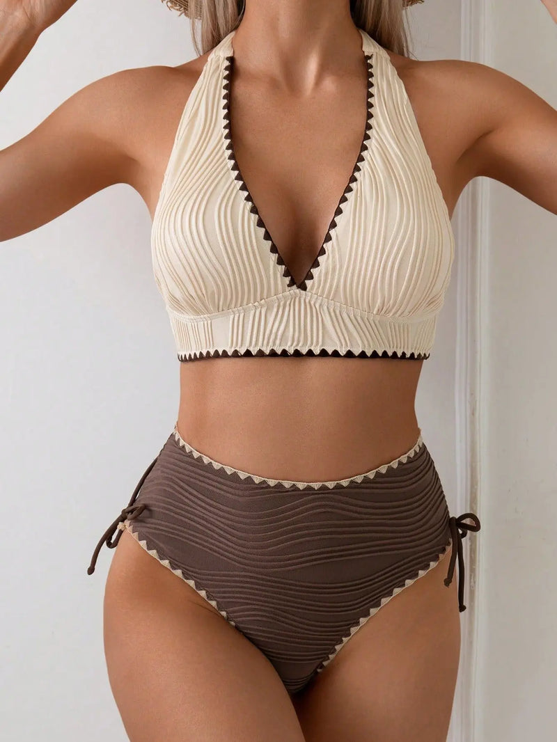2026 Sexy Khaki Patchwork Two Piece Bikini Set Women Push Up Drawstring Side High Waist Swimsuit Holiday Bathing Suit Swimwear