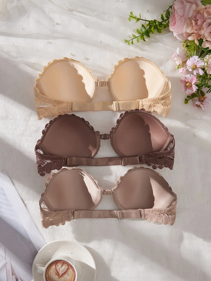 3Pcs Lace Women Strapless Bra Stylish Front Buckle Push up Bra Invisible Off-Shoulder Underwire Bras Women