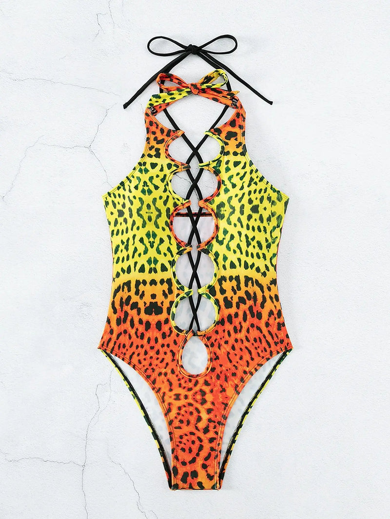 Sexy Hollow Out One Piece Swimsuit 2025 Women Blue Leopard Print Gradient Bandage Backless Bikini Bathing Suit Thong Swimwear