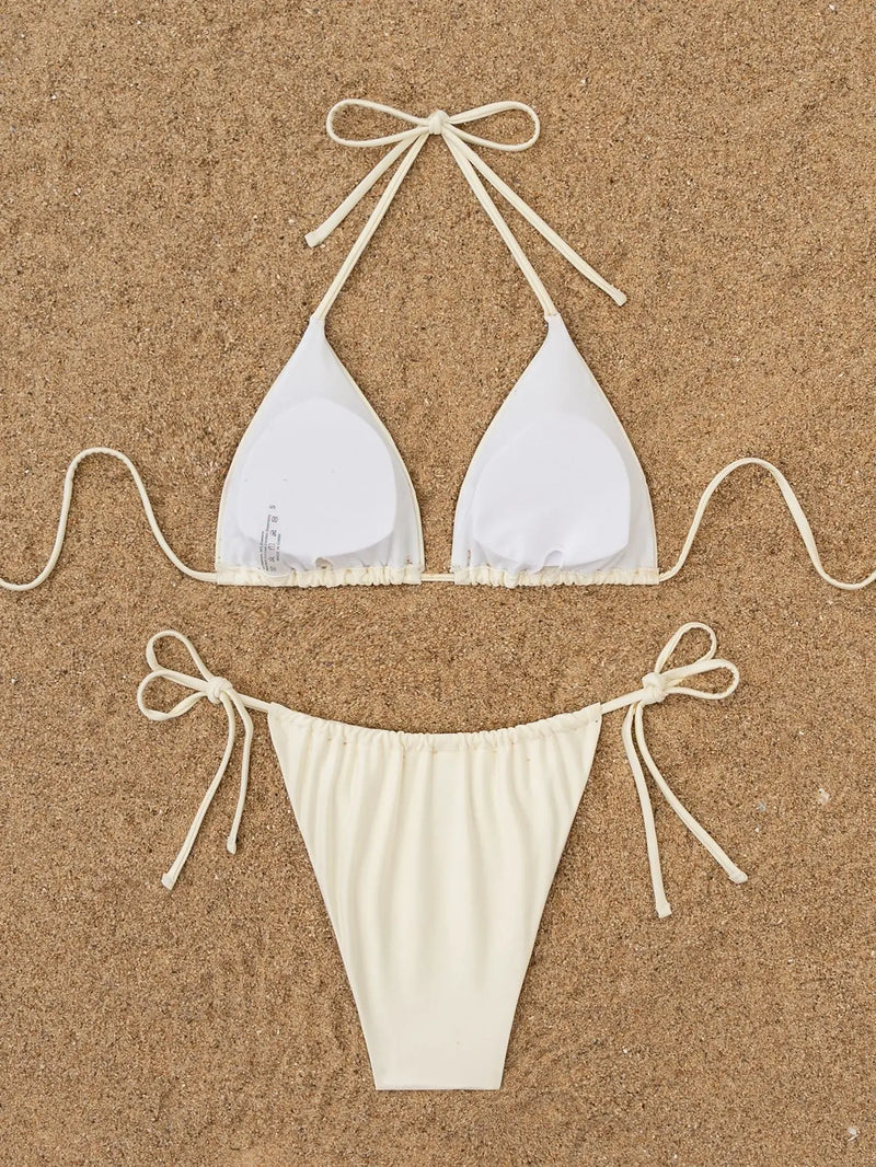 Sexy Beige 3D Pearls Coconut Tree Bikini Set 2025 Women Halter Push Up Pleate Thong Swimsuit Beach Bathing Suit Micro Swimwear