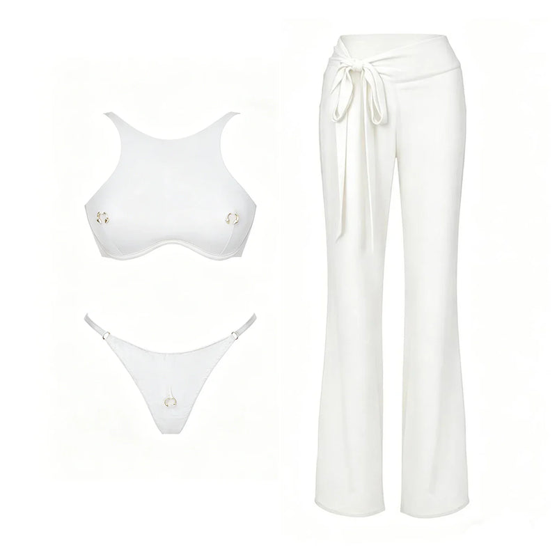 Sexy 3Pcs Swimsuit With Beach Pants Women Bikini Push Up Swimwear Biquini White Swim Suit Micro Bikinis Bathingsuit Beachwear