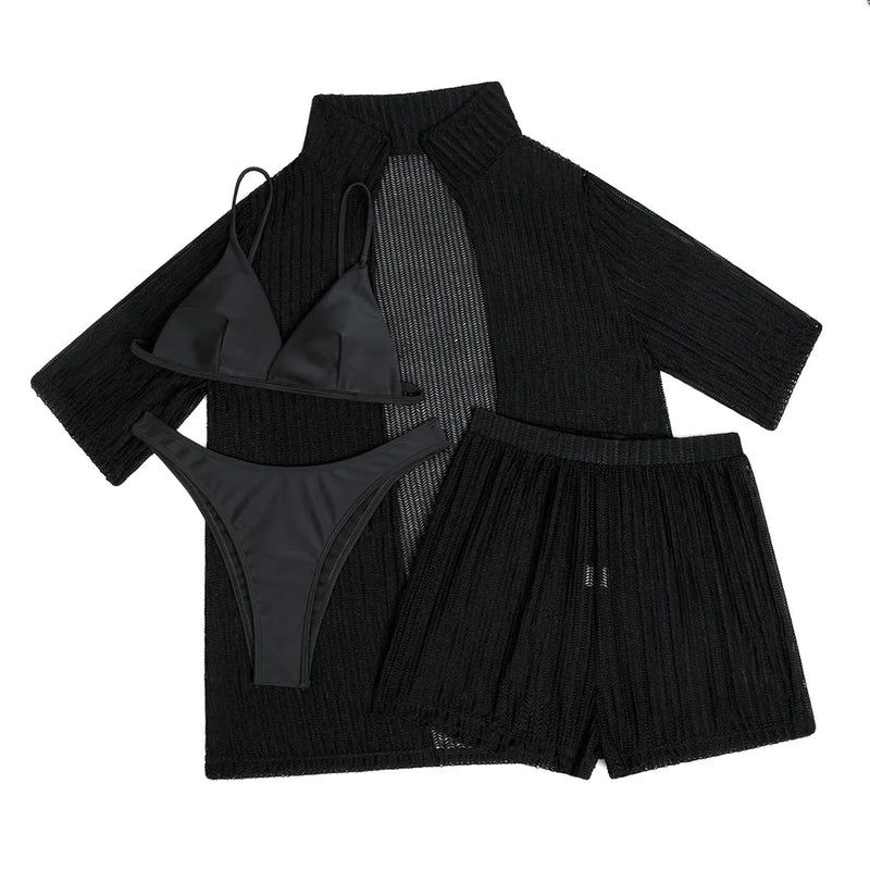 Summer 4 Piece Bikinis Sets Women Black White Mesh Half Sleeve Cover Up with High Waist Panties Swimsuit Bathing Suit Swimwear