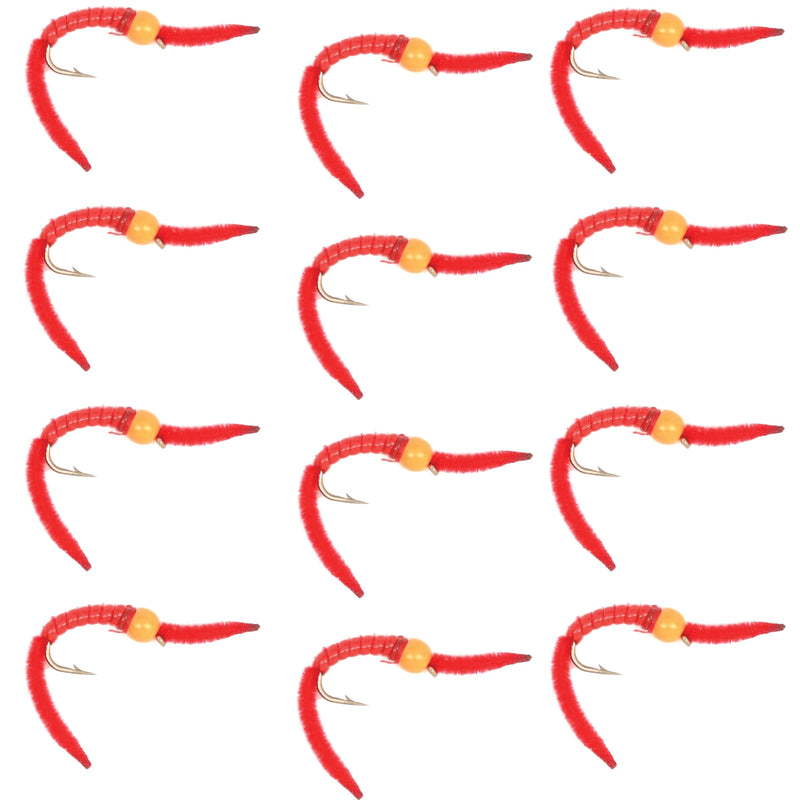 San Juan Worm Orange Bead Head Power Worm Red V-Rib - 1 Dozen Nymph Flies Hook Size 14