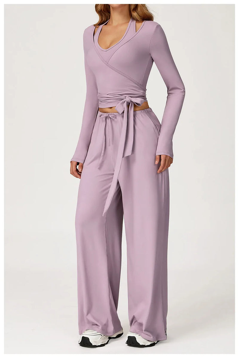 New Women Yoga Set 2/3 Pieces Long sleeves Workout Tracksuit Sportswear Gym Clothing Wide-leg sport pants Fitness Sports Suit