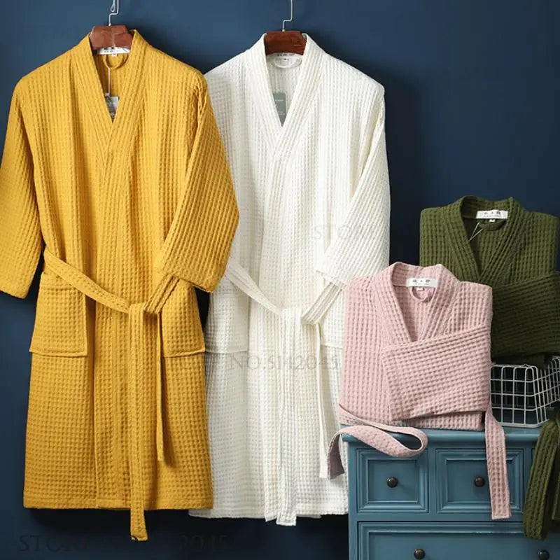 Adult Cotton Waffle Kimono Bathrobe Gown with Pocket Loungewear Sleepwear