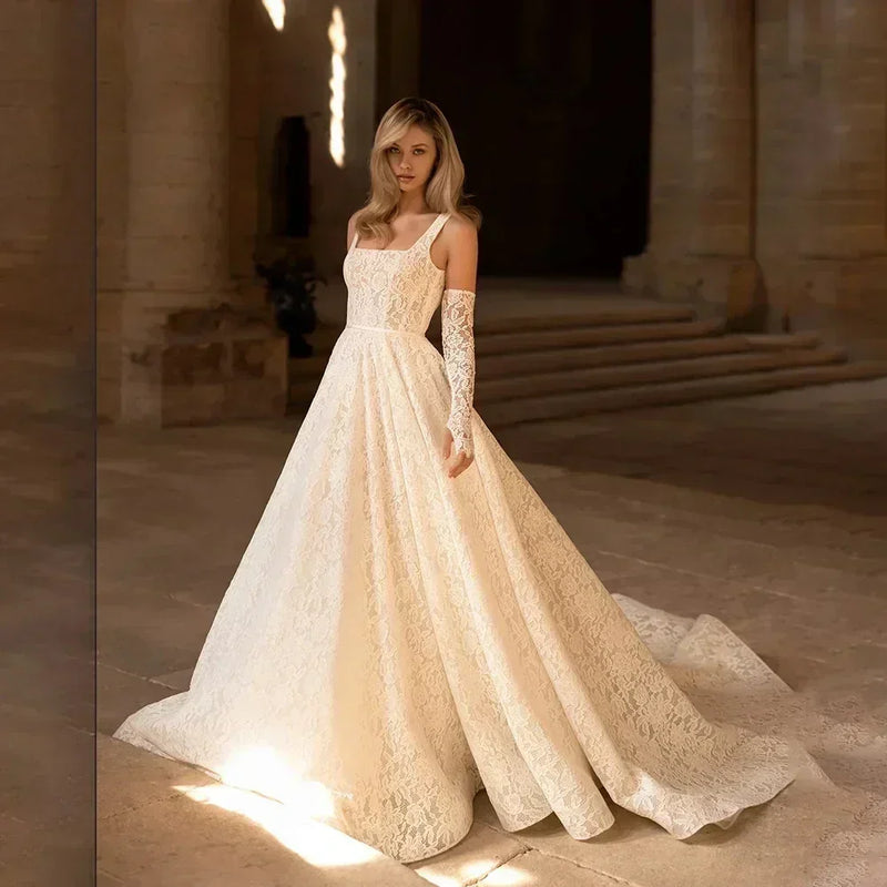 Vintage Lace Wedding Dress | Square Neck Boho Gown - Femstylo