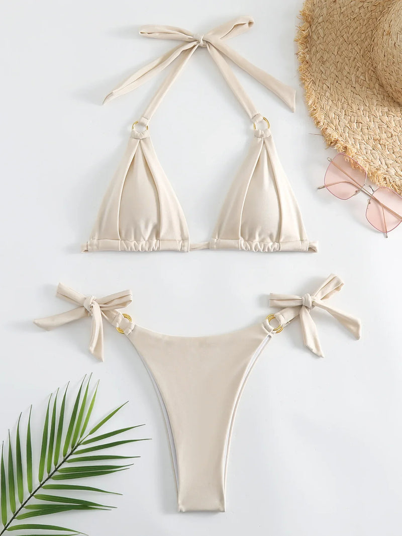Micro Bikini Sexy Women Swimsuit 2024 Solid Beige Halter Ring Linked Push Up Mini Bikinis Summer Bathing Suit Thong Swimwear