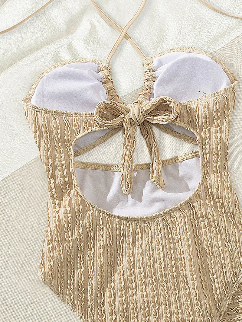 Vintage Khaki One Piece Swimsuit Mesh Skirt Set Women Halter Cross Hollow Out Slim Swimwear 2025 Bathing Suit Holiday Monokini