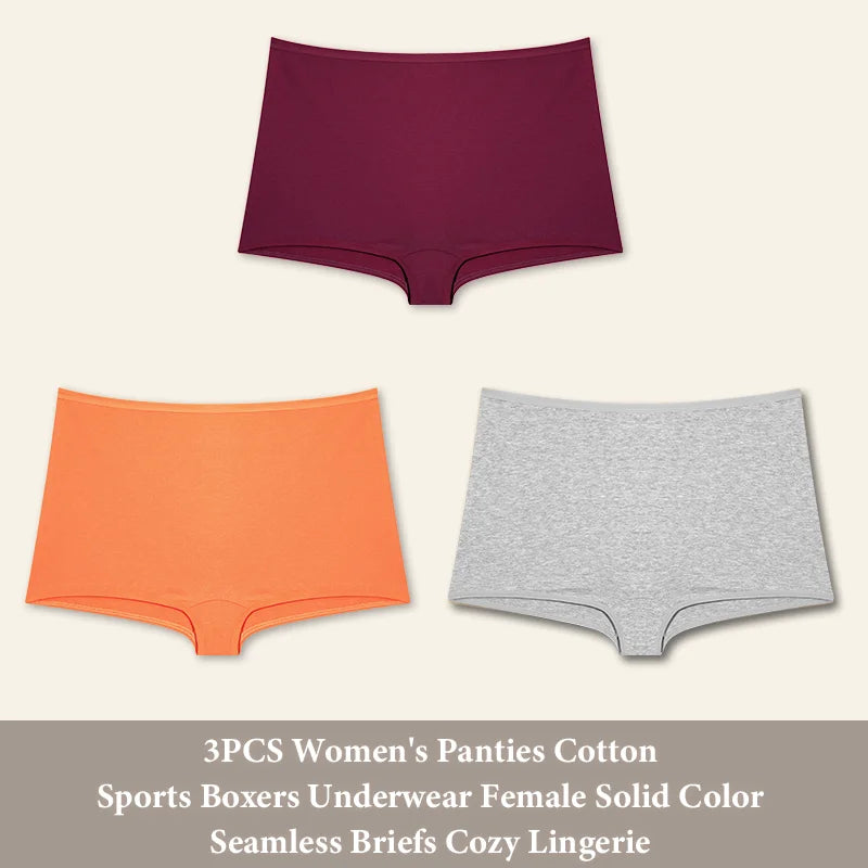 3PCS Women's Panties Cotton Seamless Sports Boxers Underwear Female Solid Color Briefs Cozy Lingerie Intimate Underpants XS-XL