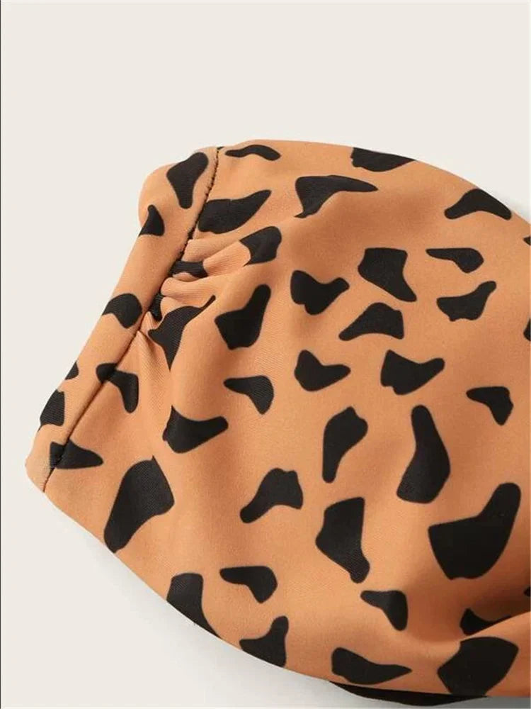 Beach Bikini 2025 Woman Sexy Front Lace Up Tie Bandeau Leopard Swimsuit Female Push Up Ruffled Bow Bathing Suit Thong Swimwear