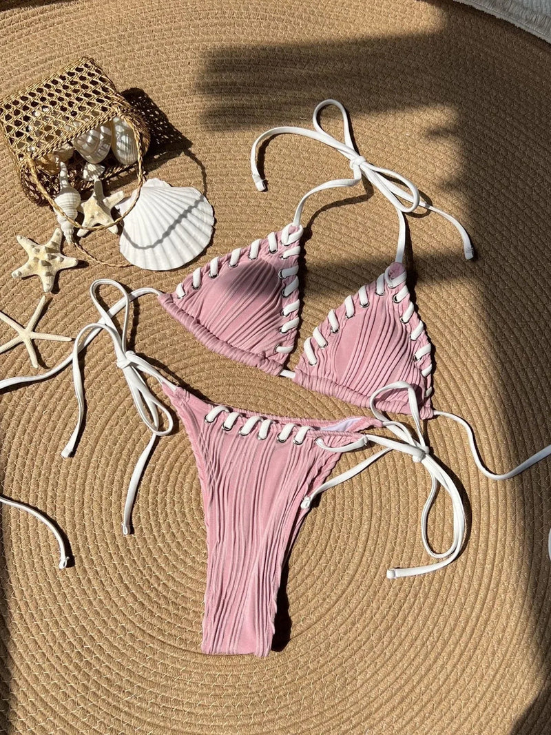 Sexy Micro Bikini 2025 Women Beige Brown Pink Weave Bandage Cross Crochet Swimsuit Brazilian Beach Bathing Suit Thong Swimwear