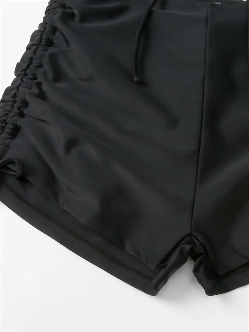 Sexy Drawstring Bikini Set 2026 Women Green Black Short Sleeve Two Piece Swimsuit Summer Bathing Suit Pleate High Waist Swimwear