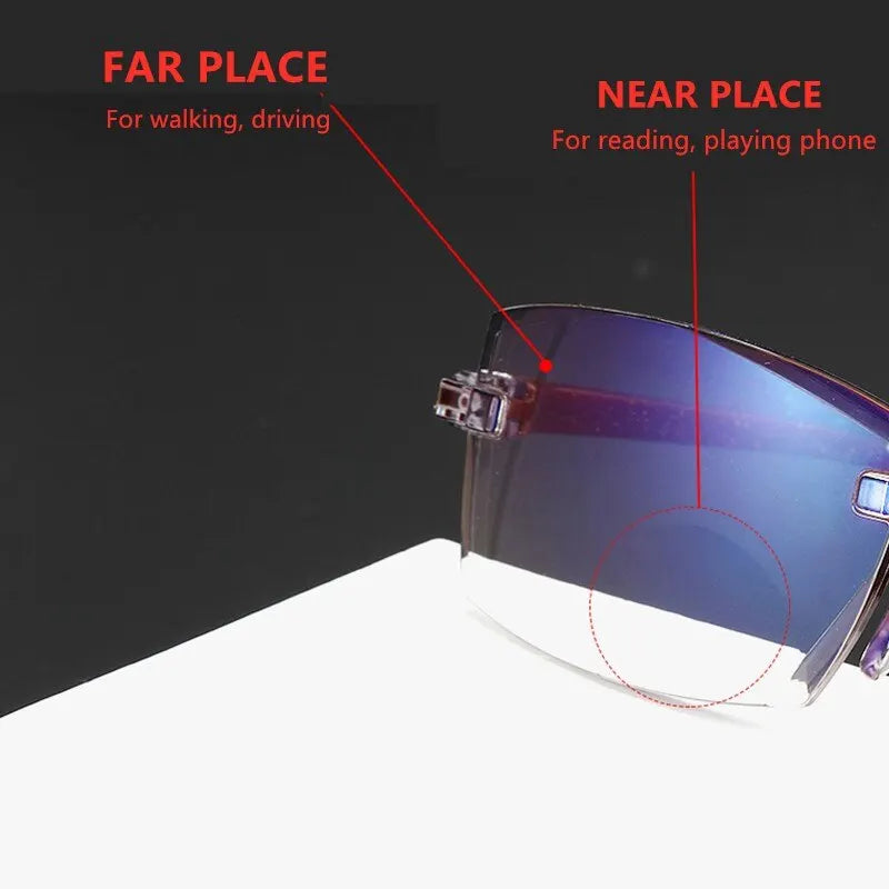 2 Pair Unisex Rimless Reading Glasses Anti Blue Light Bifocal Far Near Magnification Eyewear Presbyopic Glasses +150 +200