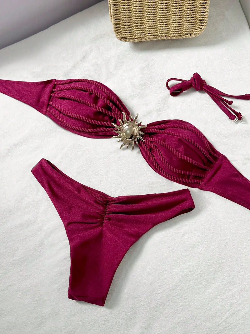 Sexy Bandeau Bikini 2026 Women Coffee Braiding Rope Pleate Tie Push Up High Waist Swimsuit Beach Holiday Bathing Suit Swimwear