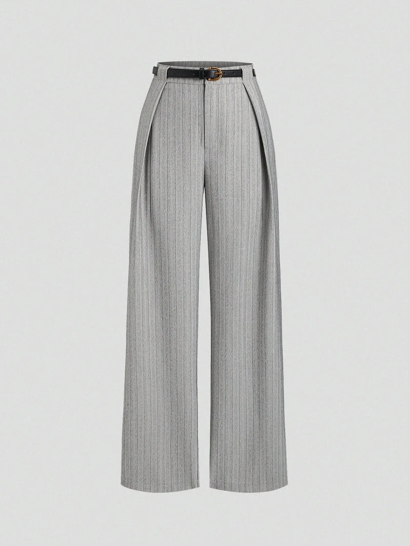 Women's Elegant Grey Striped Pleated Office Lady Pants Casual Wide Leg Loose Long Trousers Spring/Fall