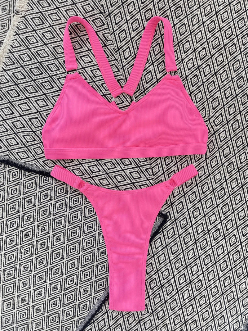 Sexy Ring Linked Backless Bikini Set Women Solid Black White Hollow Out Push Up Micro Swimsuit 2024 Bathing Suit Thong Swimwear