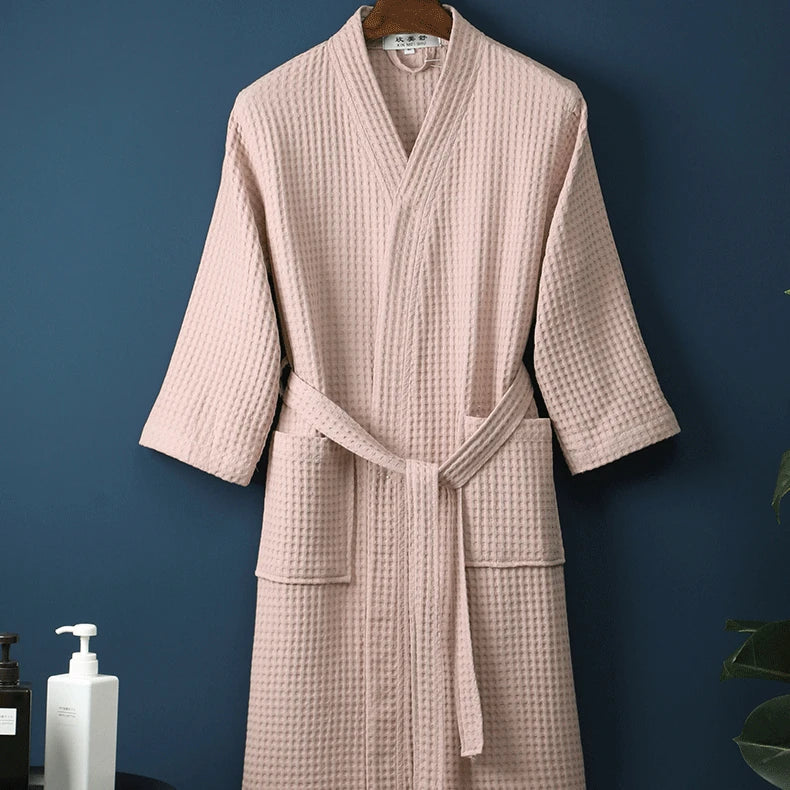 Adult Cotton Waffle Kimono Bathrobe Gown with Pocket Loungewear Sleepwear