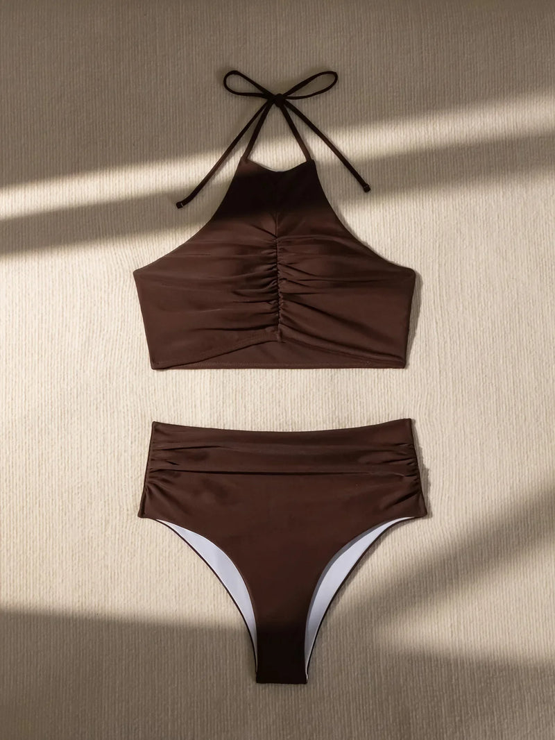 2026 Halter Wrinkled High Neck Female Swimsuit High Waist Bikini Women Swimwear Two-pieces Bikini set Bather Bathing Suit Swim
