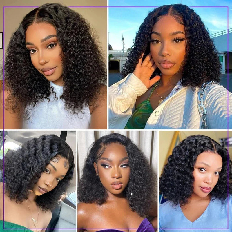 200% Density Short Curly Bob Wigs 13x4 Lace Front 4x4 Closure Deep Wave Brazilian Remy Human Hair 14 Inch