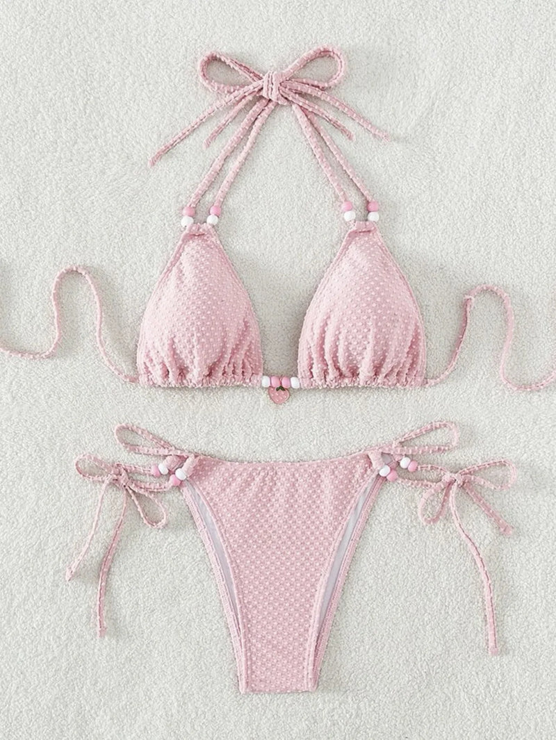 Sexy Pink Bikini 2024 Swimsuit Women White Pearl Strap Push Up Micro Swimwear Brazilian Bathing Suit Tie Side Thong Bikinis Sets