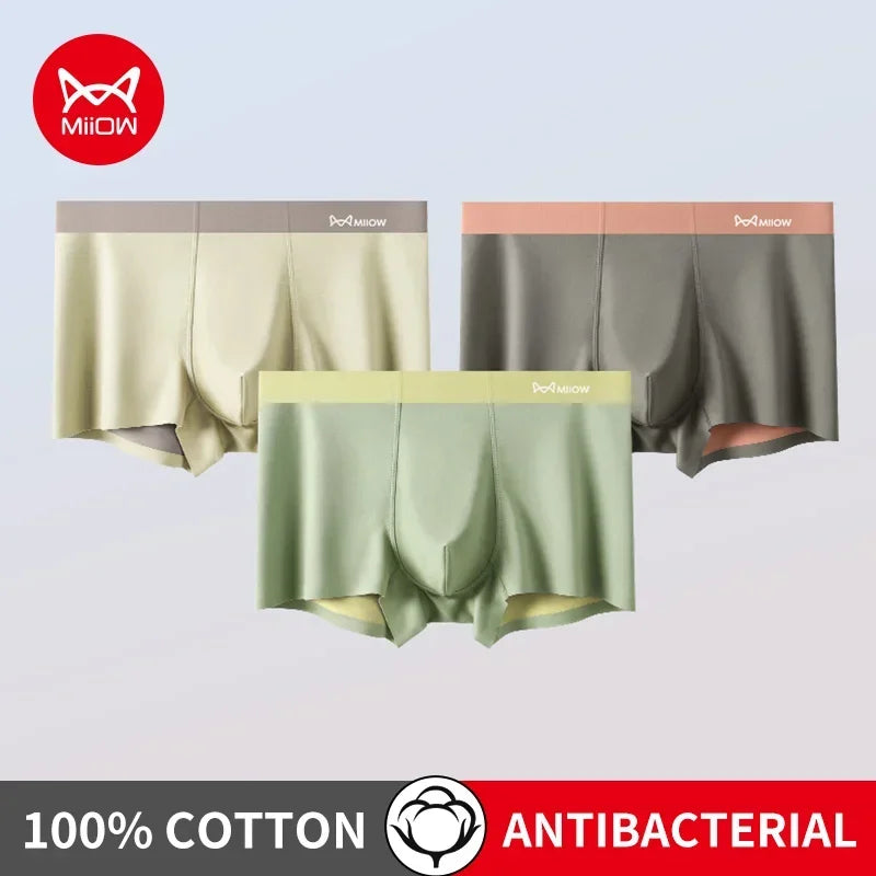 3Pcs 100% Cotton Silk Crotch Men's Antibacterial Boxers