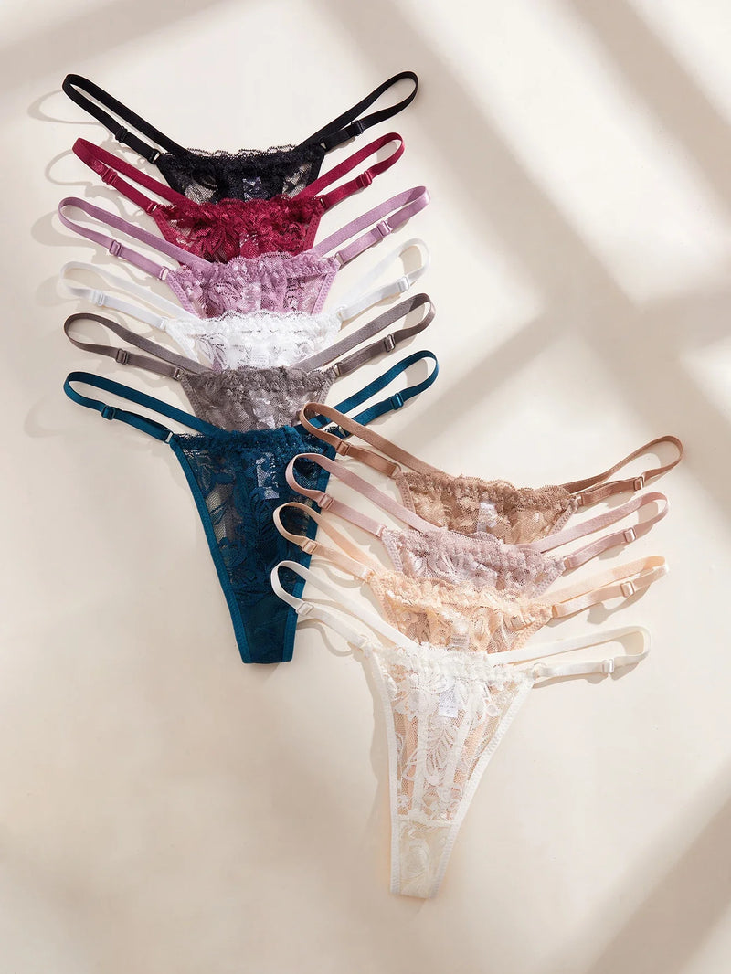 10Pcs/Set Lace Women Panties Low-Waist Sexy Hollow Out G-String Elastic Adjustable Waistband Sexy Lingerie Women's Underwear