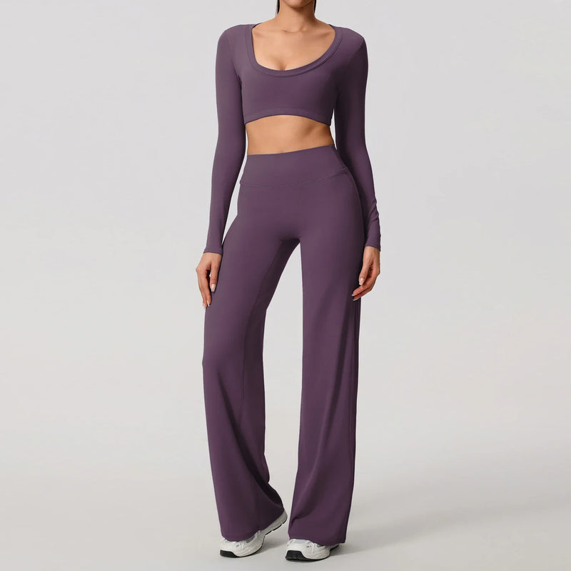 Hearuisavy Sports Set 2Pcs Women's  Long Sleeve Backless Fitted Fitness Top Push Up Pilates Yoga Top Wide Leg Straight Leg Pants