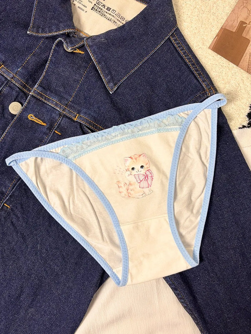 Cotton Girls Panties Cute Cat Sexy Japanese Lace Women Briefs Lady Thong  Underwear G String Female Low Waist Lingerie