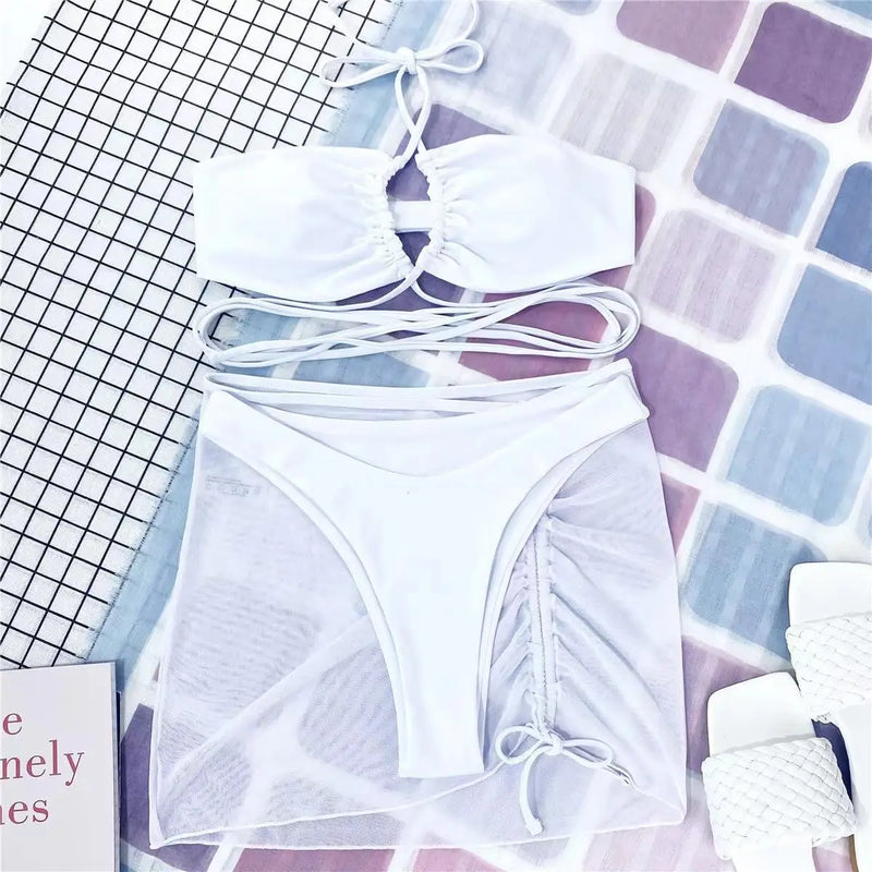 2023 New 3 Pieces Set Swimsuit Women High Waist Swimwear Sexy Lace Up Micro Bikini Set With Skirt Solid Beachwear Bathing Suit
