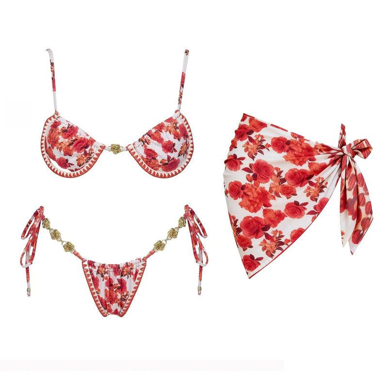 3Pcs Micro Bikinis Sexy Women Swimsuit 2026 New Swimwear Printed Swim Suit Female Bathing Suit Bandeau Biquini Beachwear Sarong