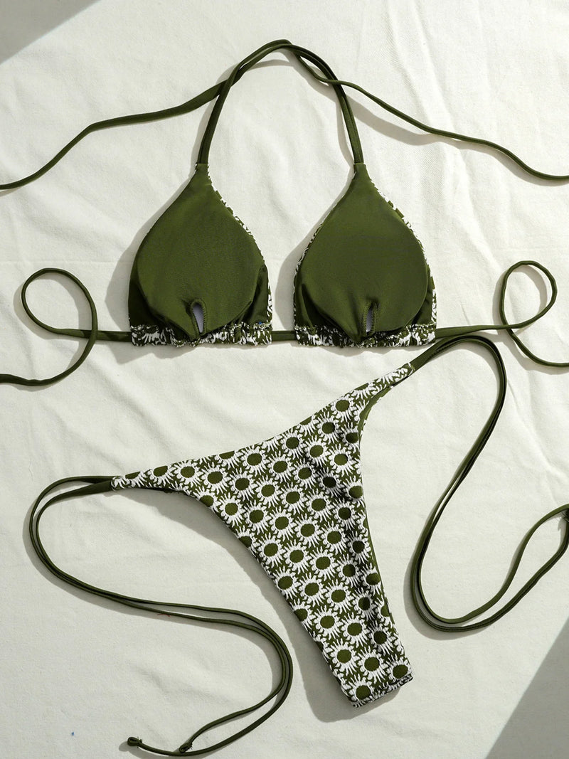 Sexy Green Sunflower Print Mini Bikini 2026 Women Halter Push Up Bra Tie Side Bandage Thong Swimsuit Beach Bathing Suit Swimwear