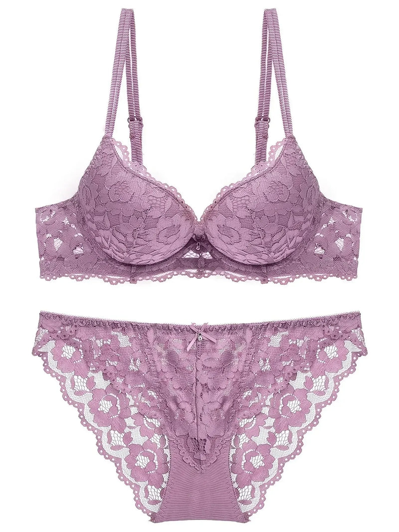 1 Set Elegant Lace Embroidery & Breathable Fabric Lingerie Set: Push-Up Bra, Drop Waist Sheer Panty - Ultimate Valentine's Day