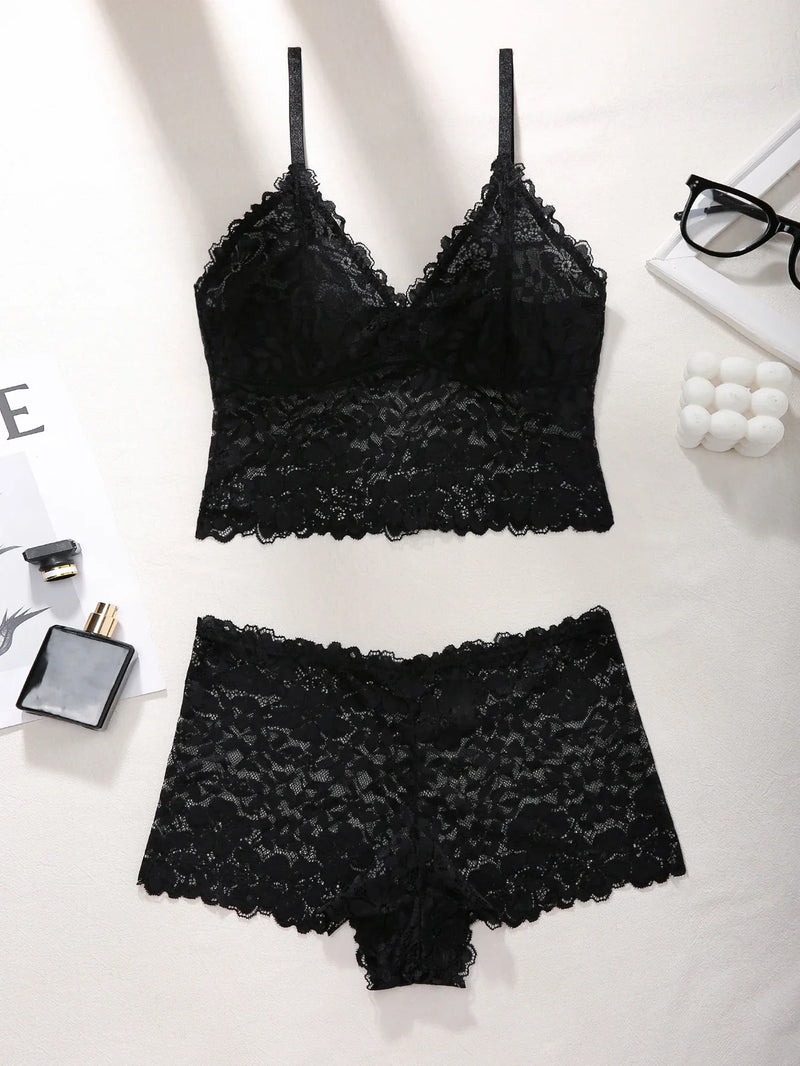 Hot sexy lingerie set Women's Wireless camisole sexy Bras Elegant floral lace sheer bra Cutout lace breathable Women's Panties