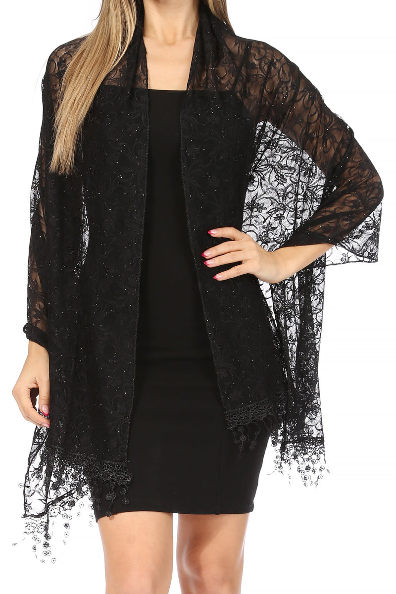 Sakkas Mari Women's Large Lightweight Soft Lace Scarf Wrap Shawl Floral and Fringe
