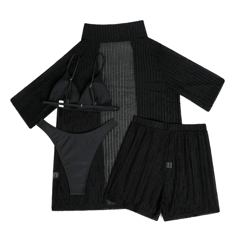 Summer 4 Piece Bikinis Sets Women Black White Mesh Half Sleeve Cover Up with High Waist Panties Swimsuit Bathing Suit Swimwear