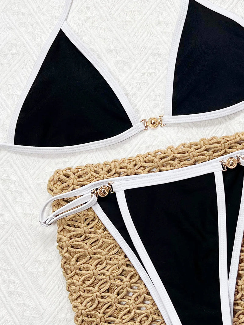 Sexy Black Contrast Bikini 2025 Women Luxury Push Up Bra Diamond Thong Swimsuit Brazilian Beach Bathing Suit Micro Swimwear