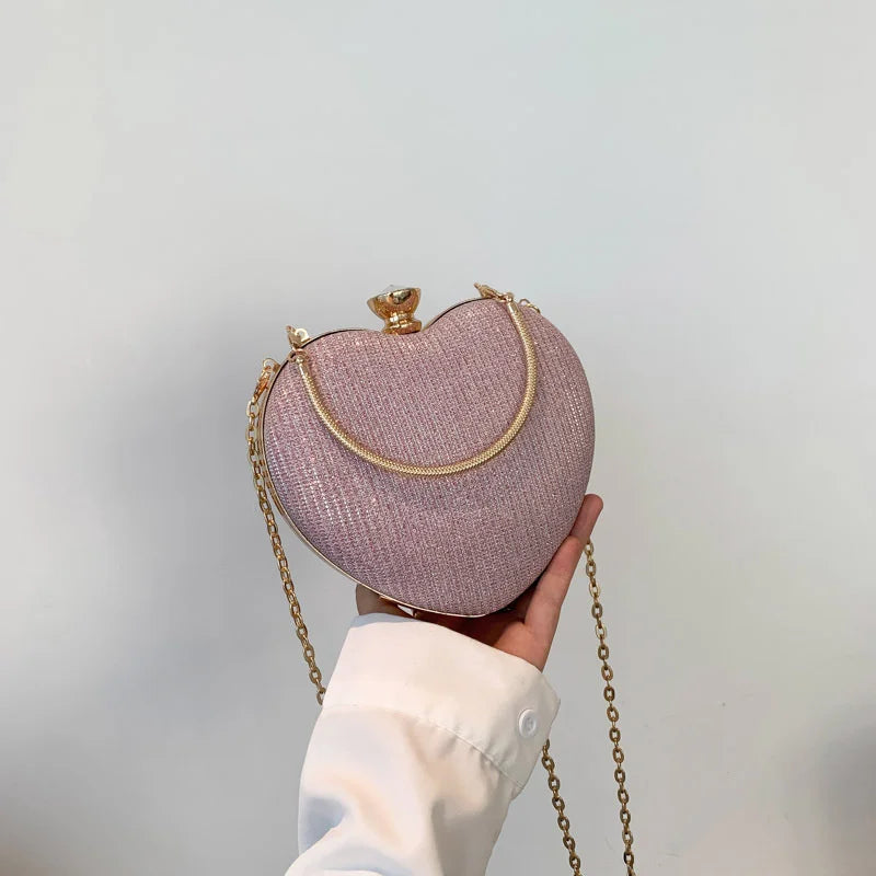 Shiny Heart Shape Metal Evening Clutch Bag for Women | Fashion Chain Shoulder Crossbody Bag (Luxury Lady Purse)