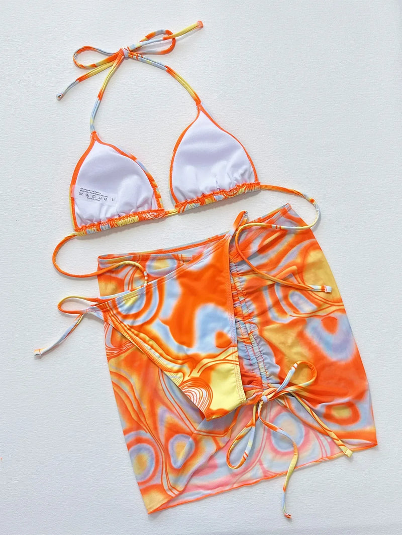 Sexy Orange Gradient 3 Piece Bikinis Sets Women Push Up Pleate Skirt Swimsuit Summer Bathing Suit Cover Up Swimwear Biquini 2024