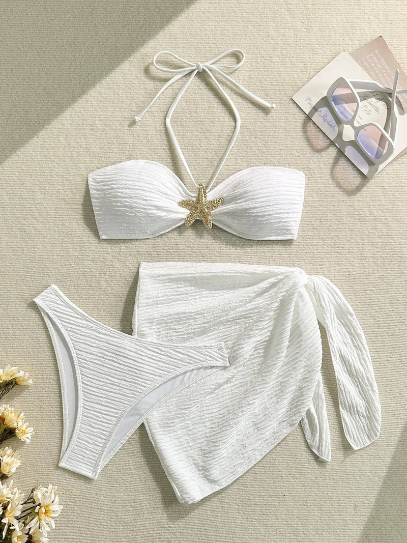 Sexy Metal Starfish Bikinis Set Women Brown Bandeau Push Up Mesh Skirt 3 Piece Swimsuit 2025 Beach Bathing Suit Holiday Swimwear