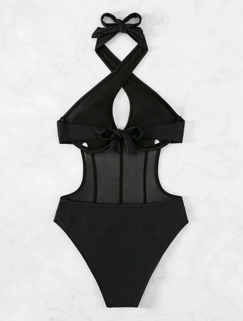 Sexy See Through One Piece Swimsuit 2025 Women Halter Corss Underwire Tummy Control Swimwear Solid Black Hot Pink Bathing Suits